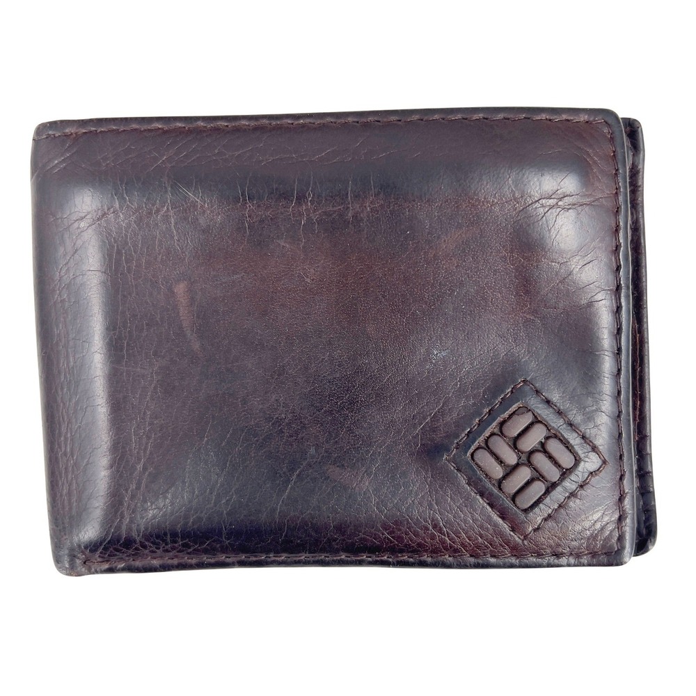 Columbia Mens Trifold Wallet Dark Brown Leather Embossed Logo Patina RFID